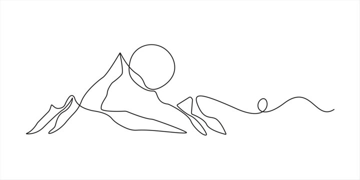 One continuous line drawing of mountain range landscape. Top view of mounts in simple linear style. Adventure winter sports concept isolated on white background. Doodle vector illustration One 