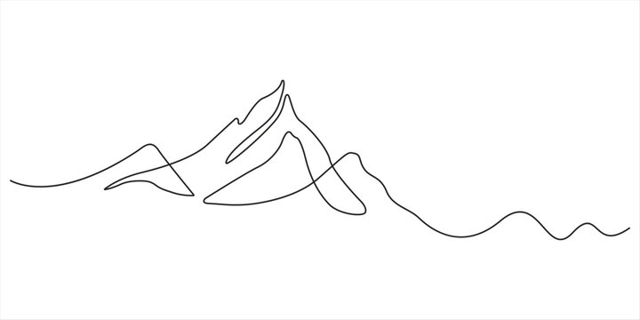 One continuous line drawing of mountain range landscape. Top view of mounts in simple linear style. Adventure winter sports concept isolated on white background. Doodle vector illustration One 