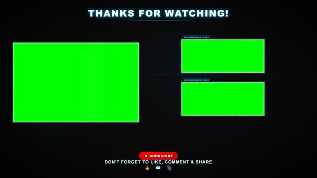 Modern dark themed video outro card featuring glowing cyan neon accents. Includes three chroma key green screen placeholders for recommended content and channel profile