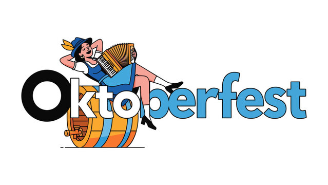 Oktoberfest Celebration Illustration: A cheerful woman in traditional Bavarian attire relaxes on a beer barrel, playing an accordion amidst the vibrant Oktoberfest text.