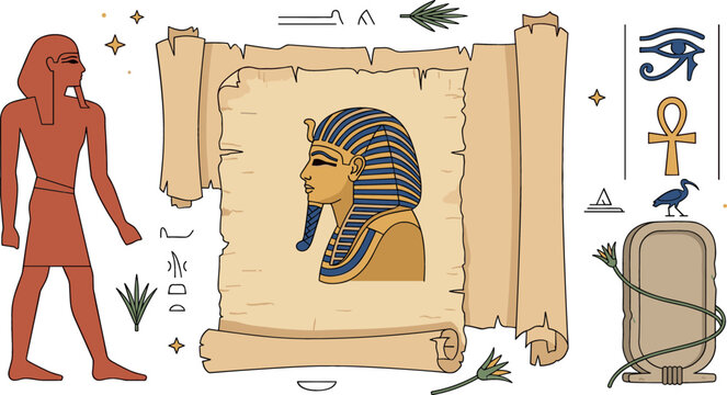 Ancient Egyptian vector set with pharaoh tutankhamun mask papyrus scroll hieroglyphs ankh eye of horus isolated on white