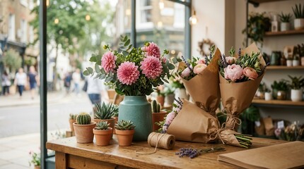 Obraz premium Fresh flowers and potted plants arranged on a wooden counter at a floral shop.