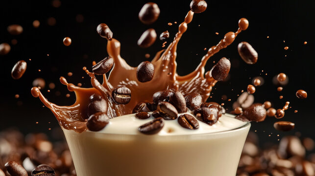 Spectacular high-speed splash of roasted coffee beans and dark liquid exploding dramatically from a cup.