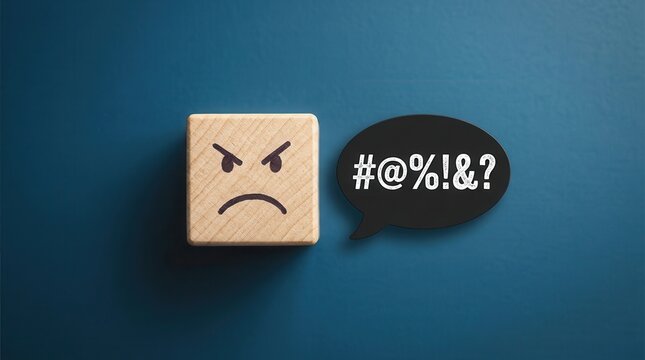 An angry wooden block with a speech bubble representing verbal abuse and harassment.