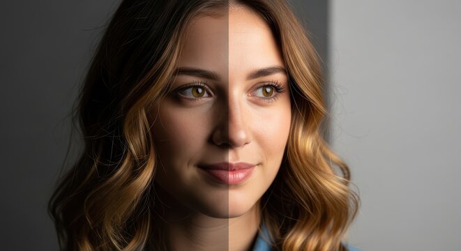 Split Screen Portrait of a Young Woman Demonstrating Before and After Professional Photo Retouching Effects
