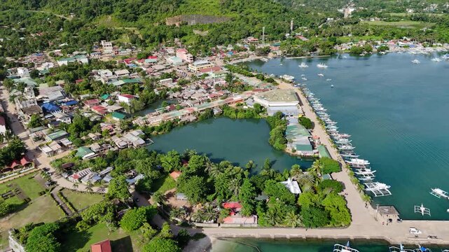 Aerial drone view of Fort Santa Isabel reveals the coral-stone Spanish fortress along Taytays tranquil coast, Philippines