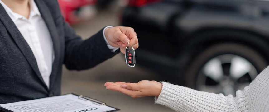 Dealer handing car keys to a happy customer during a vehicle purchase at dealership