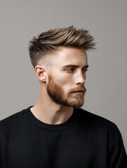 Obraz premium Man portrait haircut beard studio profile modern texture, thoughtful male model with messy crop and fade hairstyle on gray background