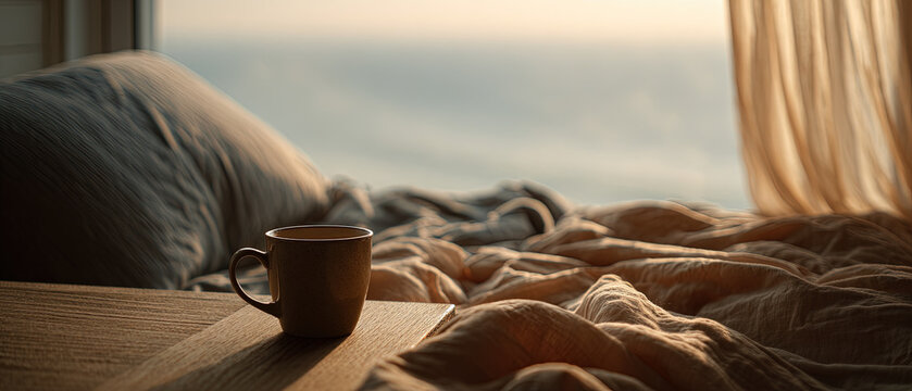Warm sunlight streams into a cozy bedroom with a cup of coffee on a wooden tray, inviting a calm and peaceful start to the day.