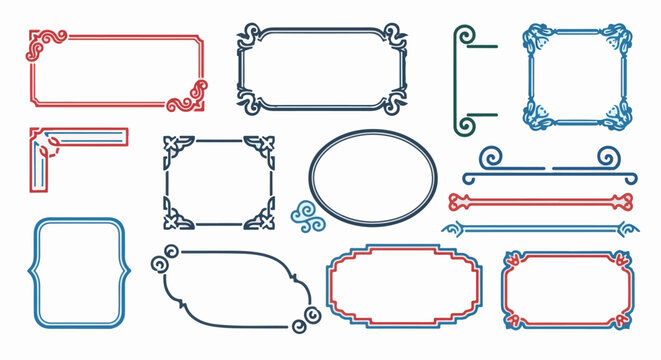 Collection of decorative borders and frames with ornate scrollwork in red, blue, and green