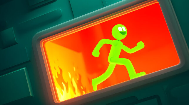 Emergency evacuation 3D cartoon green running man character escaping fire on exit sign dynamic perspective safety awareness