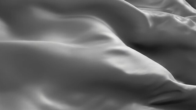 Abstract monochrome 3D render of soft flowing fabric waves with realistic shadows and highlights. Smooth grey textile ripples creating a minimalist and dark textured background.