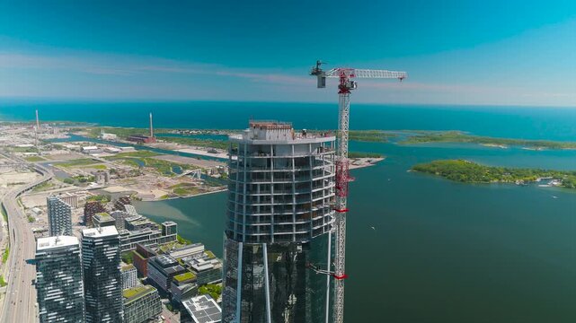 Toronto Waterfront Skyscraper Construction Crane Aerial Spring 4K Drone