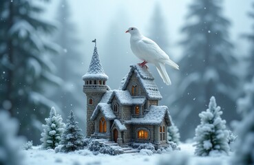 Naklejka premium White dove rests atop a miniature stone castle surrounded by snow covered trees and falling snow. The fairytale scene has glowing windows, creating a magical winter atmosphere.