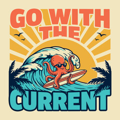 Orange octopus surfing a wave wearing sunglasses with text © MdMezbahul