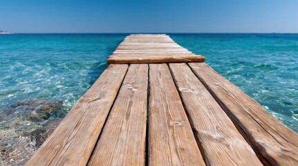 Fototapeta premium Pier boardwalk stretching over vibrant turquoise tropical ocean water wooden planks
