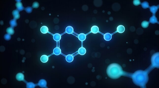 Abstract 3D illustration of a glowing blue dopamine molecule structure for neuroscience.