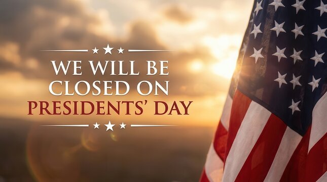 We will be closed on Presidents' Day with an American flag background.