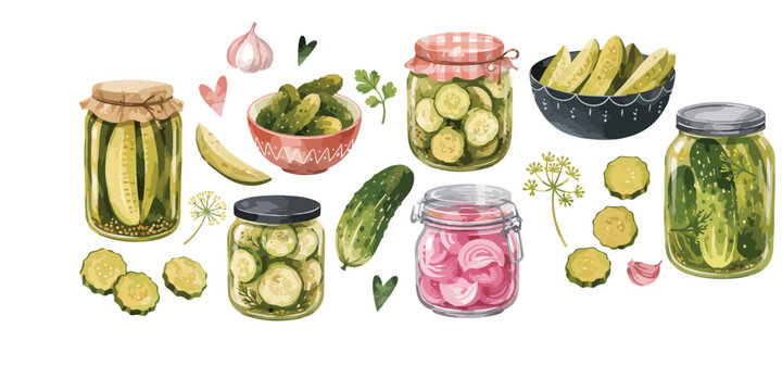 Watercolor pickled cucumbers and red onion jars set