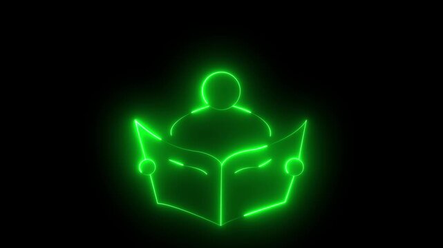 Glowing neon person reading book icon isolated on black background. futuristic education, learning, knowledge, and