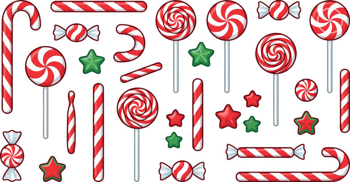Christmas peppermint candy vector elements set featuring red and white striped candy canes swirl lollipops wrapped hard candies and decorative star mints isolated on white background