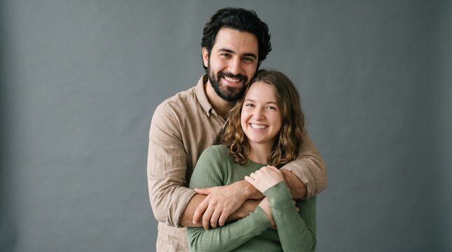 Happy couple embracing affectionately in front of a neutral grey background with relationship affection lifestyle