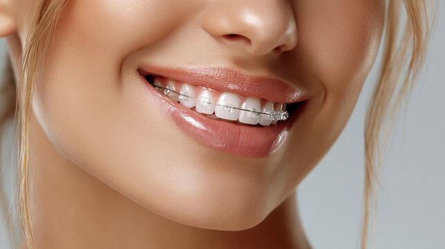 Orthodontic braces portrait. Clear ceramic aligners on straight teeth. Dental aesthetics close‑up for modern treatment design  