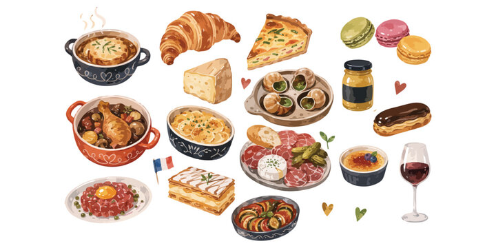 Watercolor french food and traditional cuisine elements