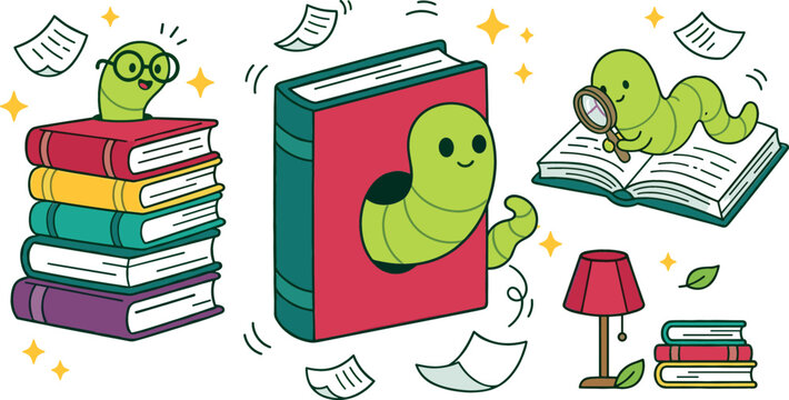 Cute bookworm vector cartoon set with green worm character reading books stack magnifier lamp isolated on white background