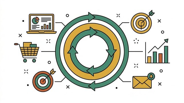 A conceptual illustration of the recurring revenue flywheel integrating acquisition, engagement, and retention elements.