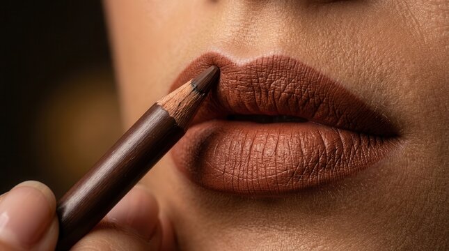 A dark brown lip liner pencil precisely defining human lips.