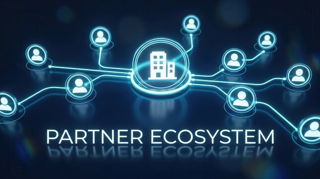 A glowing company icon linking multiple partner icons to illustrate a business alliance and growth within a partner ecosystem.