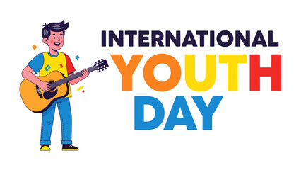 Celebrating International Youth Day: A cheerful boy with a guitar stands next to vibrant lettering for INTERNATIONAL YOUTH DAY, representing joy and celebration of young people and their talents. © jabed