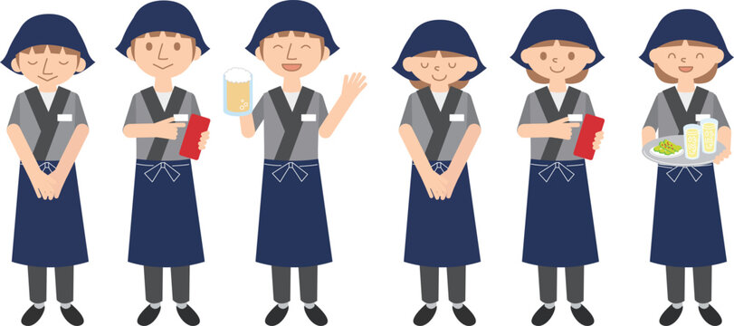 居酒屋店員の男女セット・6人・複数ポーズ