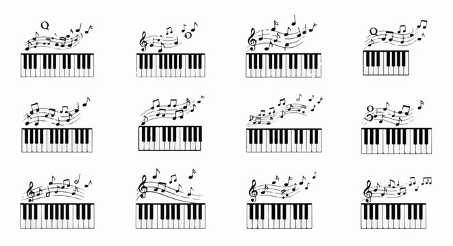 Twelve unique piano keyboards with musical notes flowing above them