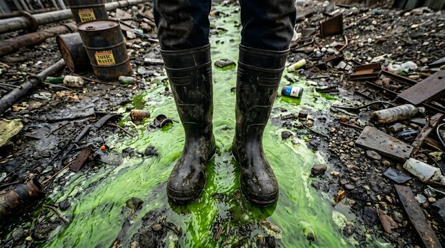 A person wearing boots standing in a puddle of green liquid surrounded by trash and debris on the ground viewed from above.