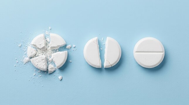 White medicinal pills showing the process of breaking and crushing a tablet on a blue background.