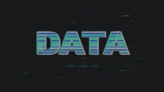 DATA text animation with retro glitch effect, digital noise, horizontal lines, and vintage VHS distortion on dark background