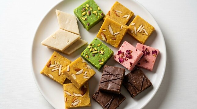 Barfi Milk Sweet Pieces on Plate &ndash; Indian Assorted Mithai Confectionery Stock Photo