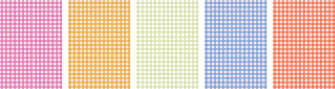 Gingham check seamless patterns and colorful plaid tablecloth backgrounds. A vibrant collection of checkered picnic textures for celebrations, picnic, dining decor, sunny summer parties. Vector.