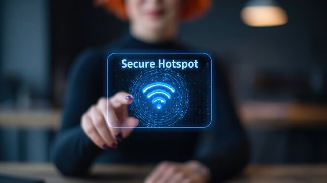 Technology finger touching secure wifi hotspot hologram for digital internet access