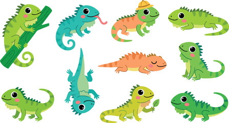Obraz premium Cute cartoon iguana and lizard character vector set with green chameleon gecko wild reptile animals showing different poses for kids nursery sticker design