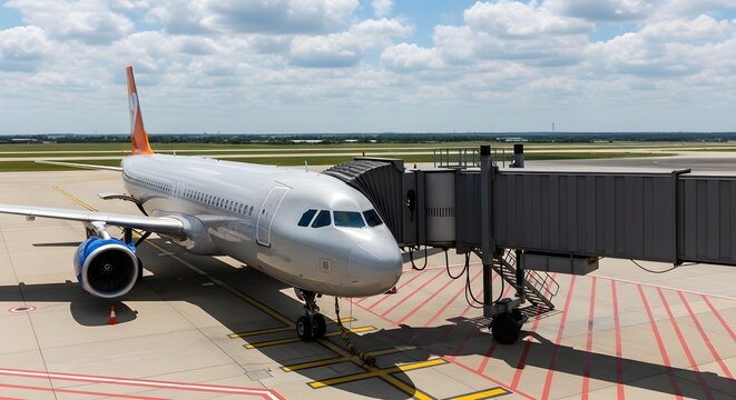 Modern passenger airplane connected to a jet bridge at an airport tarmac, captured with a wide-angle lens under a bright blue sky.