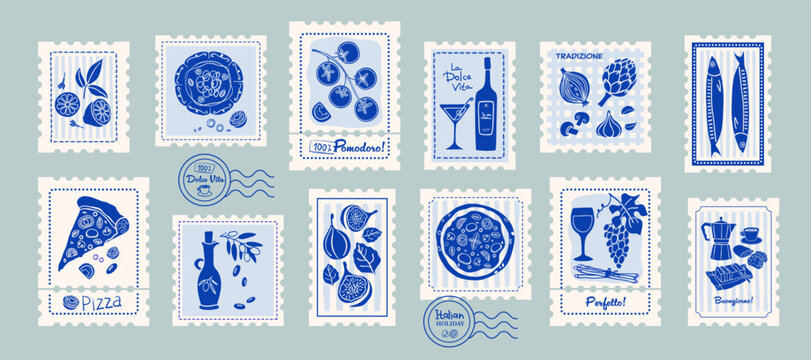 Italian food stamp set. Summer holiday hand drawn doodle vintage postage emblem. Post label vector illustration.