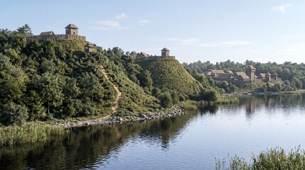 Fototapeta premium Nestled by the river, ancient castles rise above the water, surrounded by lush trees and green hills. A peaceful scene reflects history and nature in perfect harmony.