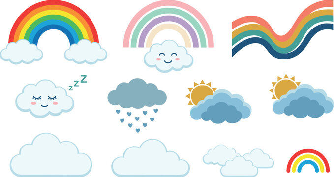 Cute cartoon rainbows and clouds vector set with pastel colors sleeping cloud rain hearts and sun elements for kids nursery sticker design