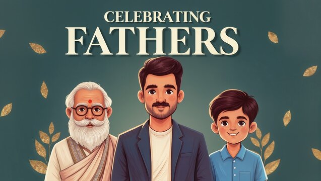 Celebrating Fathers banner with three generations of men, Indian family illustration for Father's Day, multi-generational male portraits on green background
