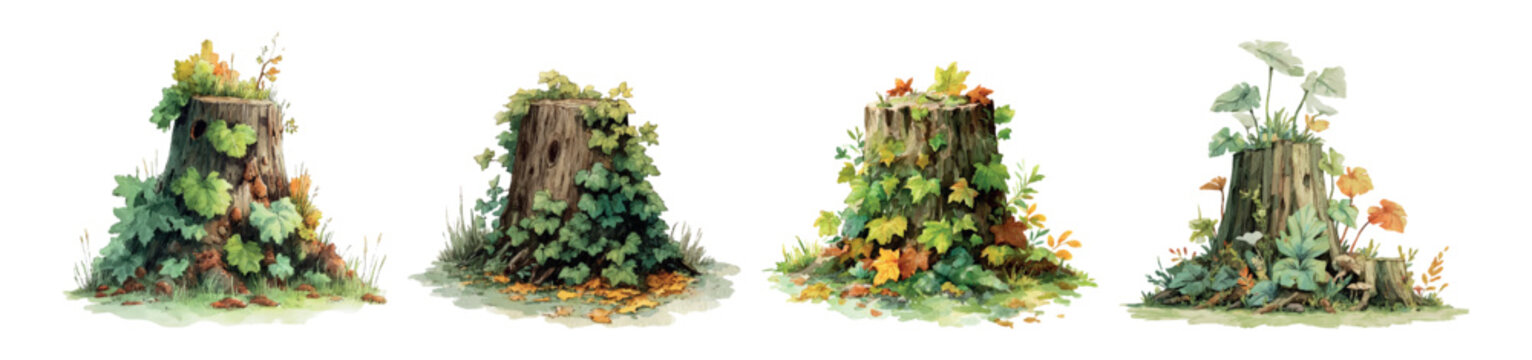 Tree stumps showcase the vitality of nature, with lush green leaves, colorful autumn foliage, and small plants thriving on and around the weathered wood