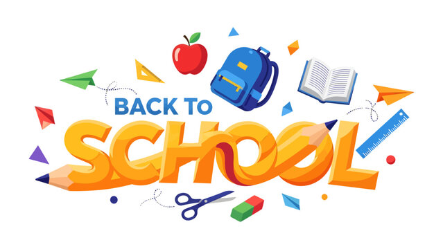 Back to School Excitement: A vibrant collection of school supplies and playful elements surrounds the bold Back to School text, symbolizing the eager anticipation of a new academic year.