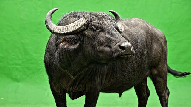 water buffalo standing on green background